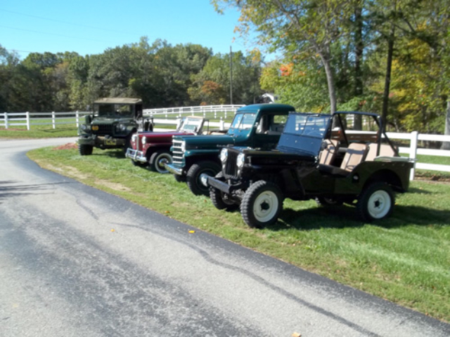 1948 Willys CJ-2A, 1949 Jeepster, 1952 Truck, and 1952 M37