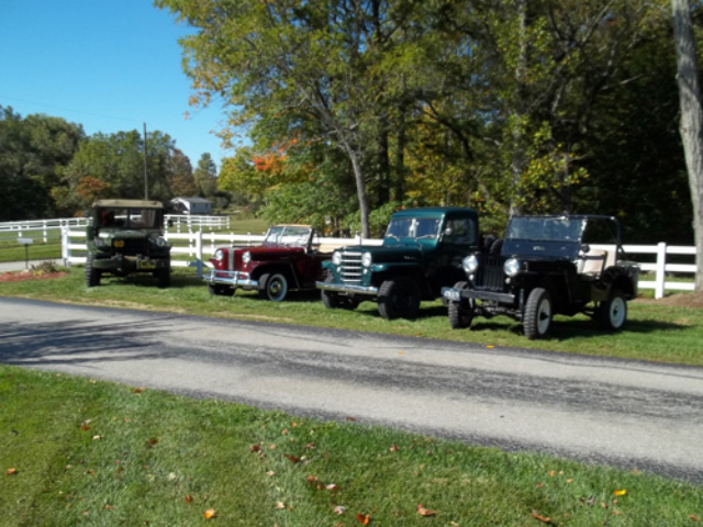 1948 Willys CJ-2A, 1949 Jeepster, 1952 Truck, and 1952 M37