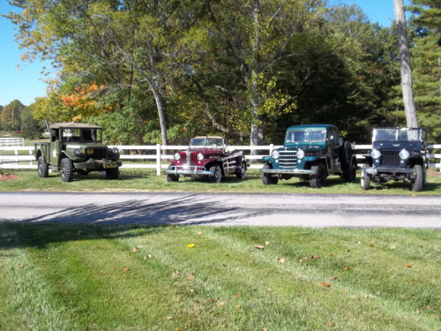 1948 Willys CJ-2A, 1949 Jeepster, 1952 Truck, and 1952 M37