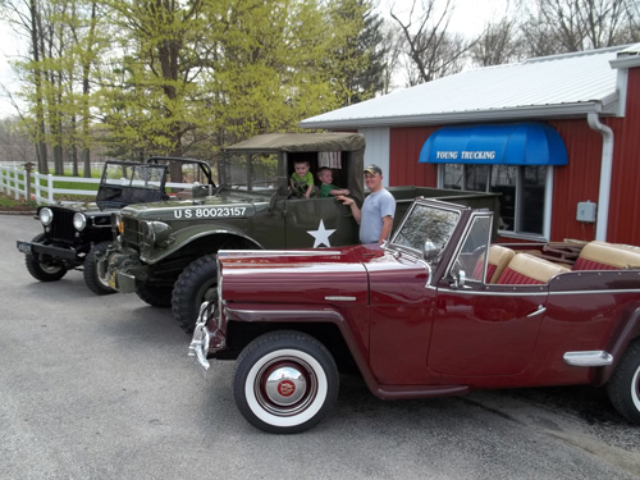 1948 Willys CJ-2A, 1949 Jeepster, 1952 Truck, and 1952 M37